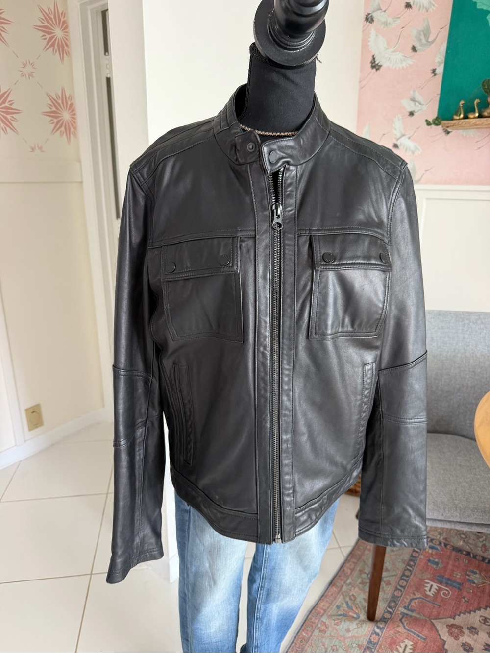 Men's Medium Black Rivet Racer Black Leather Motorcycle Jacket Biker Lined